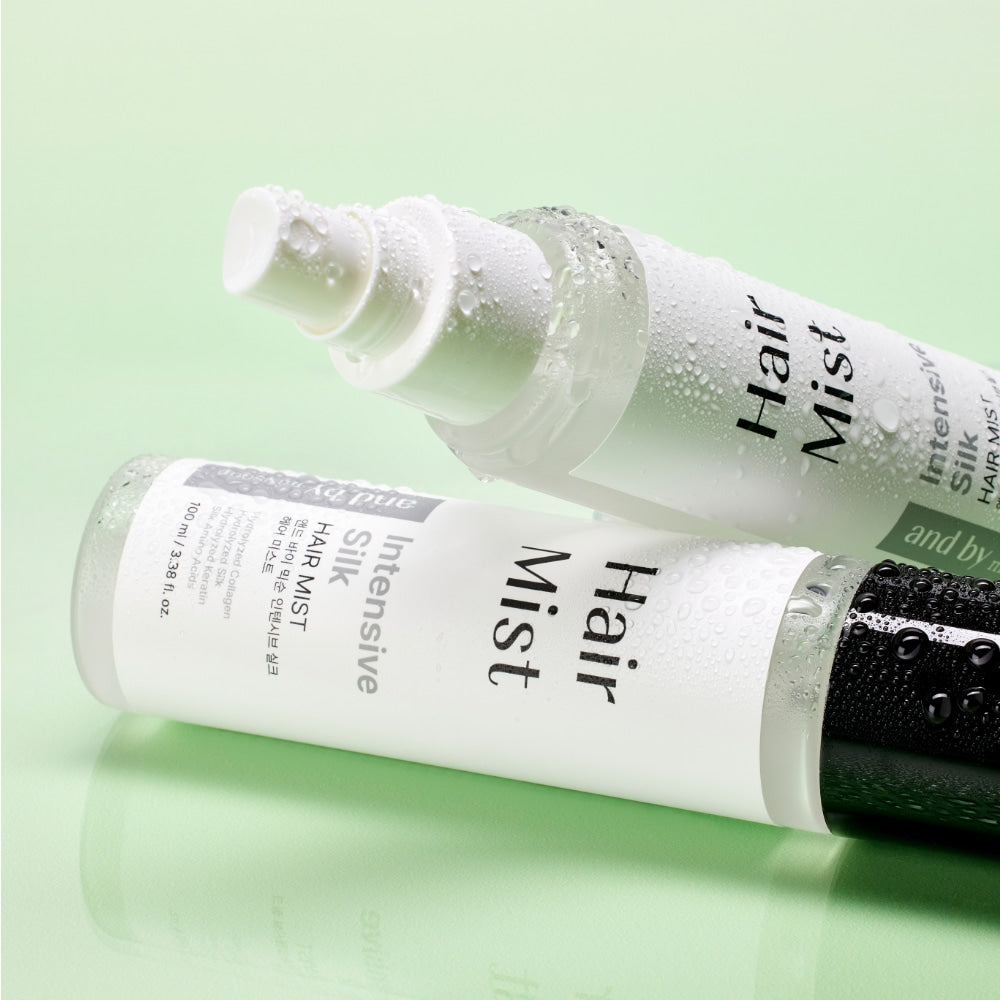 MIXSOON Intensive Silk Hair Mist 100ml de la marque MIXSOON, flacons sur fond vert, gouttes et spray visible.