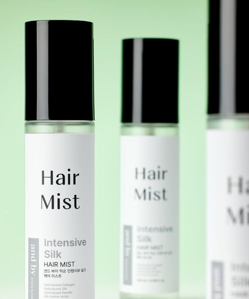 MIXSOON Intensive Silk Hair Mist 100ml, flacon cosmétique sur fond vert clair, pack branding, vue produit