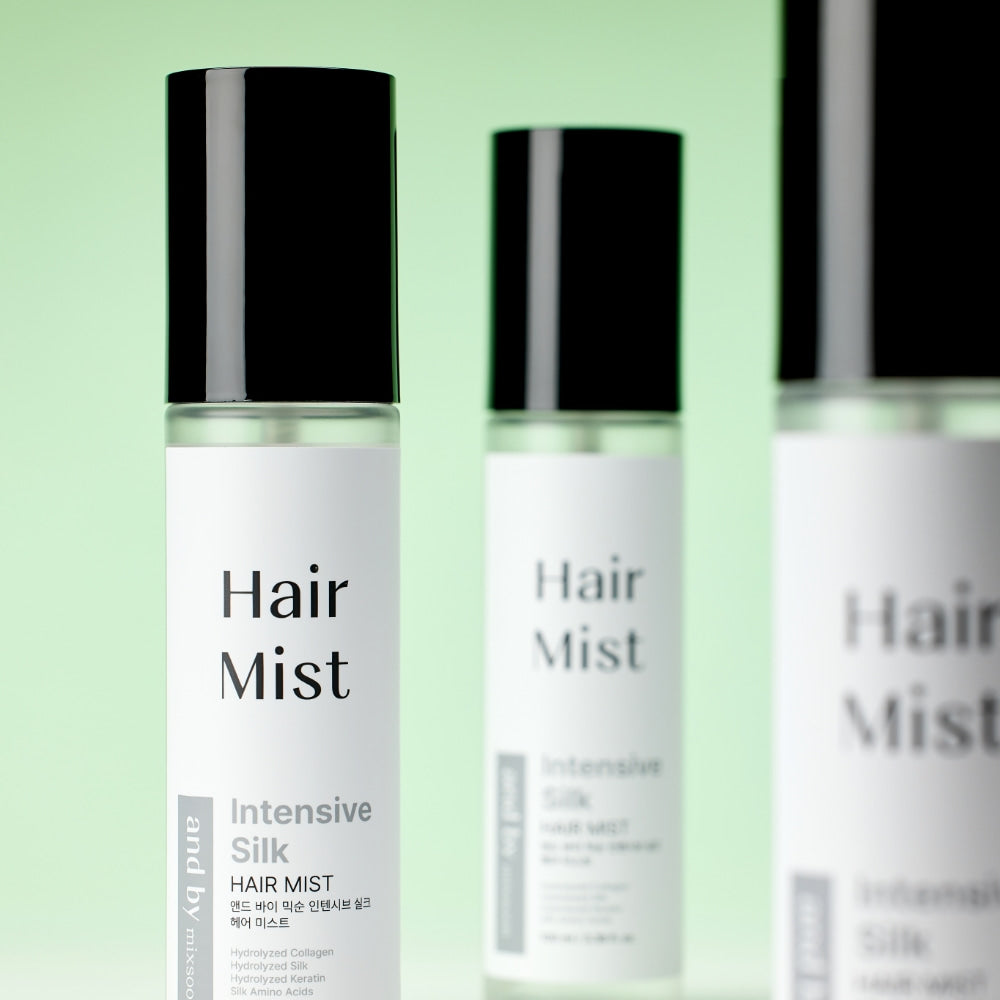 MIXSOON Intensive Silk Hair Mist 100ml, flacon cosmétique sur fond vert clair, pack branding, vue produit