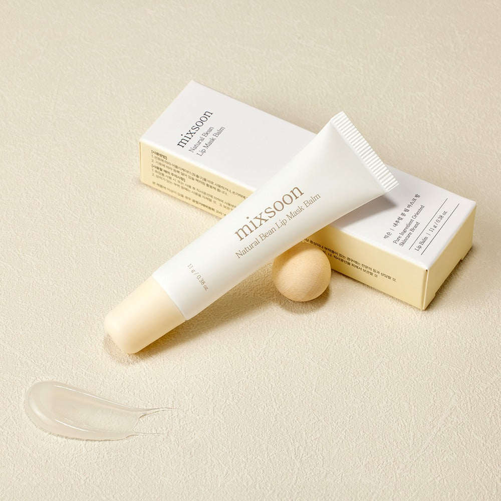 MIXSOON Natural Bean Lip Mask Bean 11g, masque lèvres à la marque MIXSOON sur fond clair avec tube et boîte.
