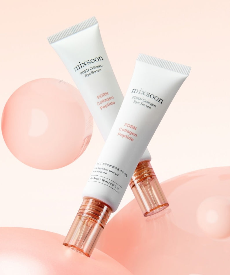 Décris l'image en français : MIXSOON PDRN Collagen Eye Serum 20ml, tubes sur fond pastel, bulles effet apaisant.