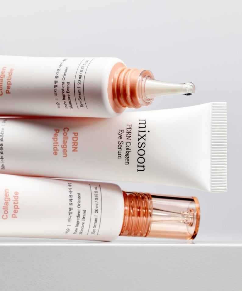 MIXSOON PDRN Collagen Eye Serum 20ml, marque MIXSOON, tube et goutte de sérum sur fond clair, contexte produit