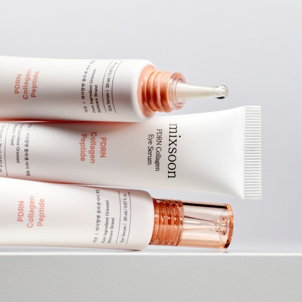 MIXSOON PDRN Collagen Eye Serum 20ml, marque MIXSOON, tube et goutte de sérum sur fond clair, contexte produit