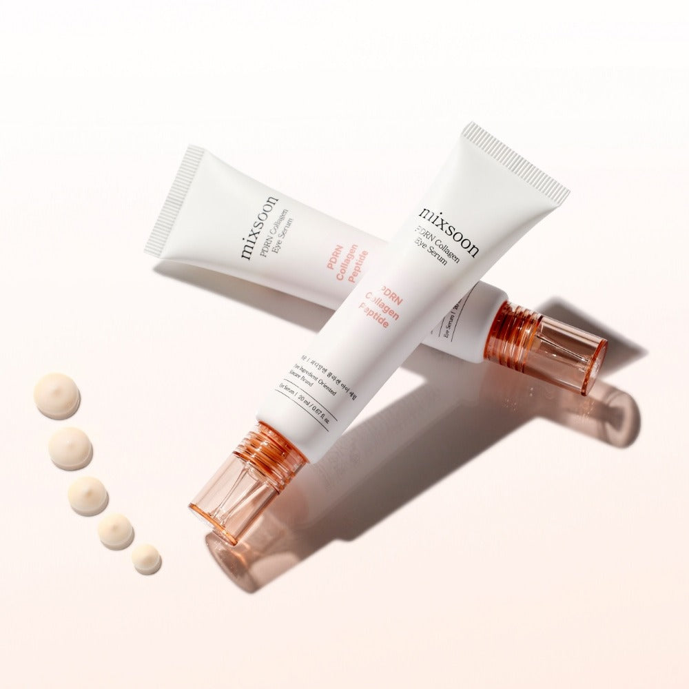 Décrivez l'image en français : MIXSOON PDRN Collagen Eye Serum 20ml de la marque MIXSOON, sur fond clair, avec capsules.
