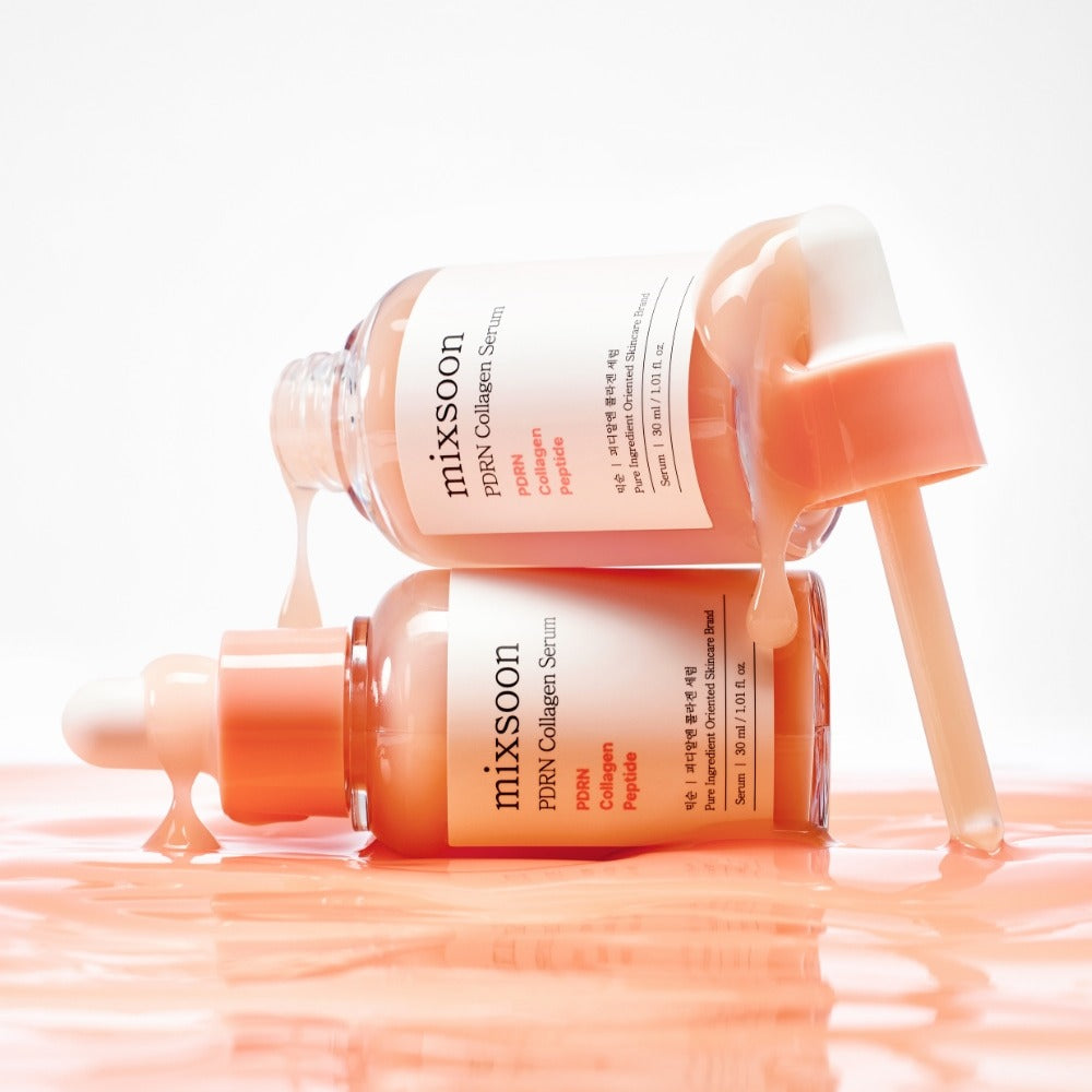 MIXSOON PDRN Collagen Serum 30ml, bouteilles MIXSOON sur fond clair, contexte cosmétique et texture crème