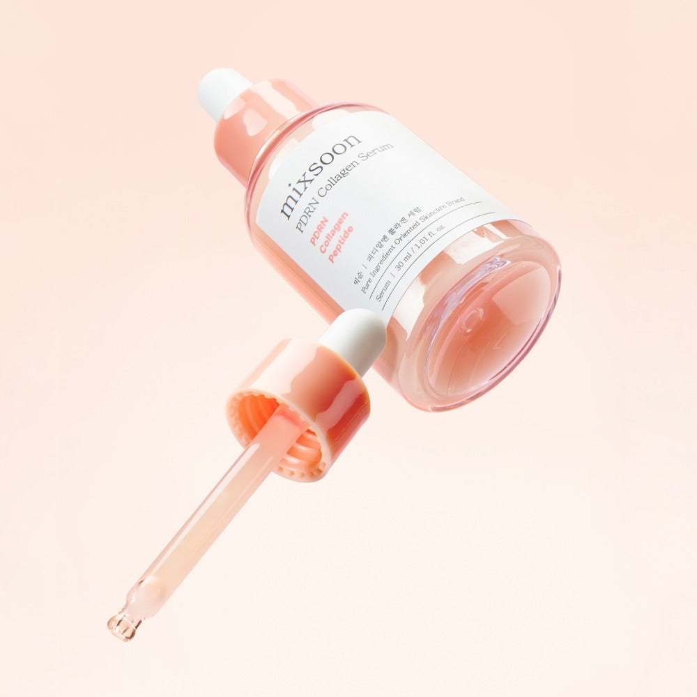 MIXSOON PDRN Collagen Serum 30ml, flacon rose sur fond clair, marque MIXSOON, produit beauté en gros plan.