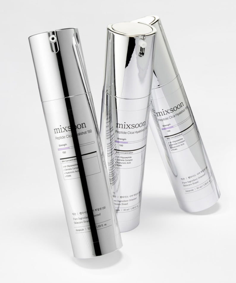 MIXSOON Peptide Cica Hyal Shot 150 50ml, tubes silver sur fond blanc, soins visage à l’effet cica et hyaluronique