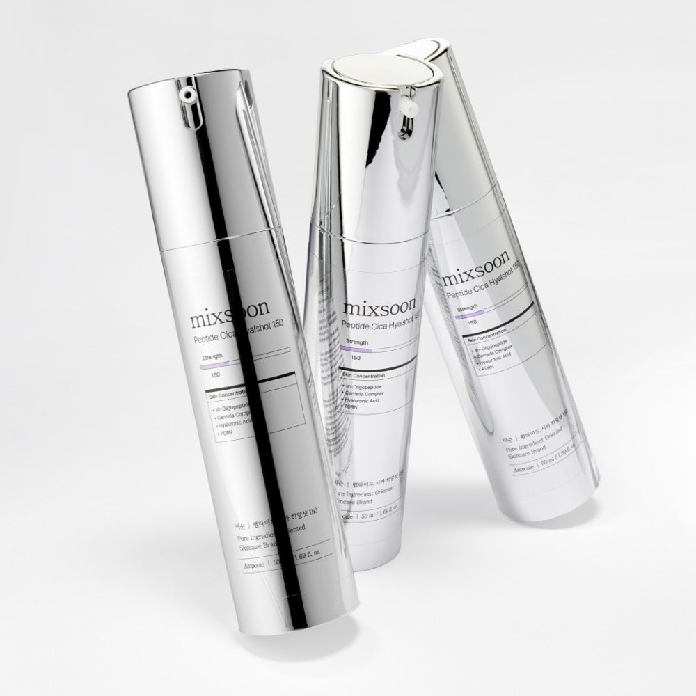MIXSOON Peptide Cica Hyal Shot 150 50ml, tubes silver sur fond blanc, soins visage à l’effet cica et hyaluronique