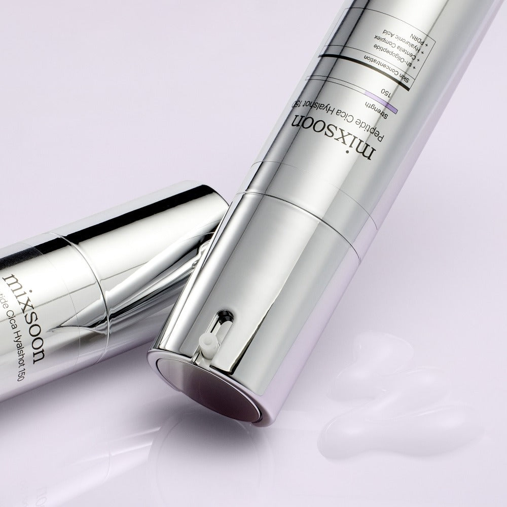 MIXSOON Peptide Cica Hyal Shot 150 50ml de la marque MIXSOON, flacon argent sur fond blanc, contexte beauté skincare