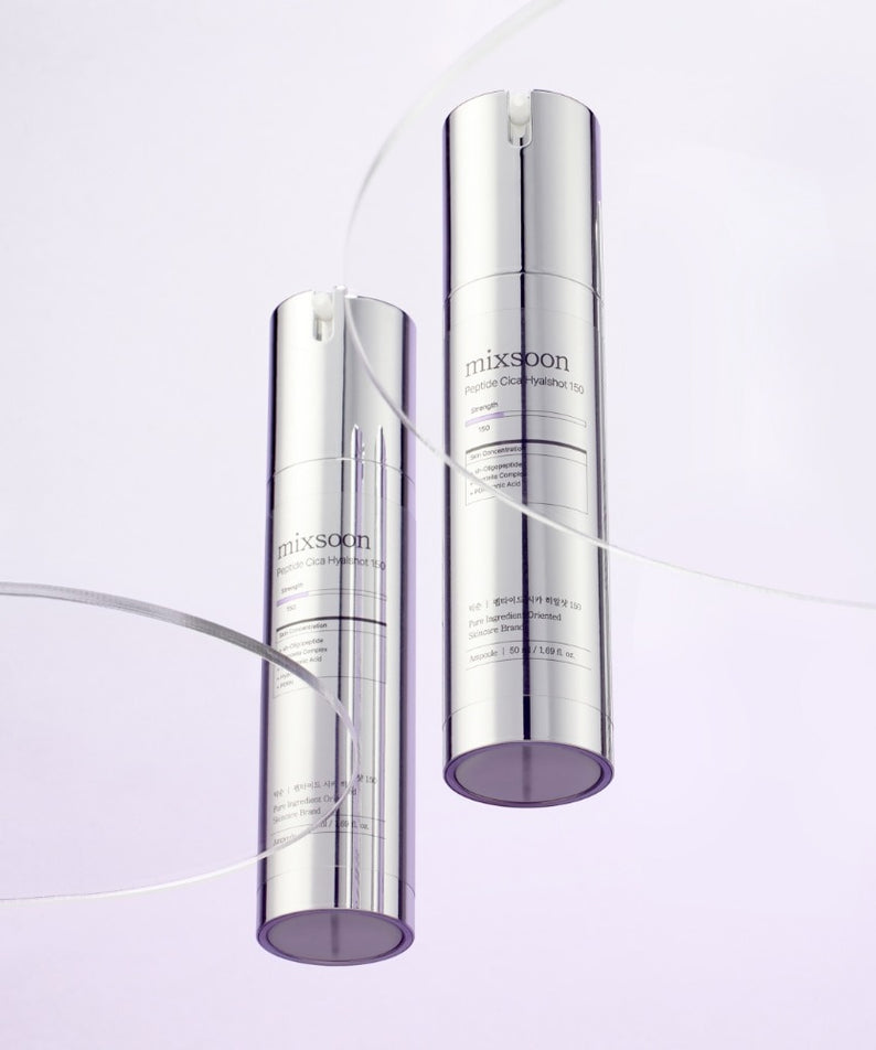 MIXSOON Peptide Cica Hyal Shot 150 50ml, bouteilles argentées sur fond blanc avec lignes décoratives