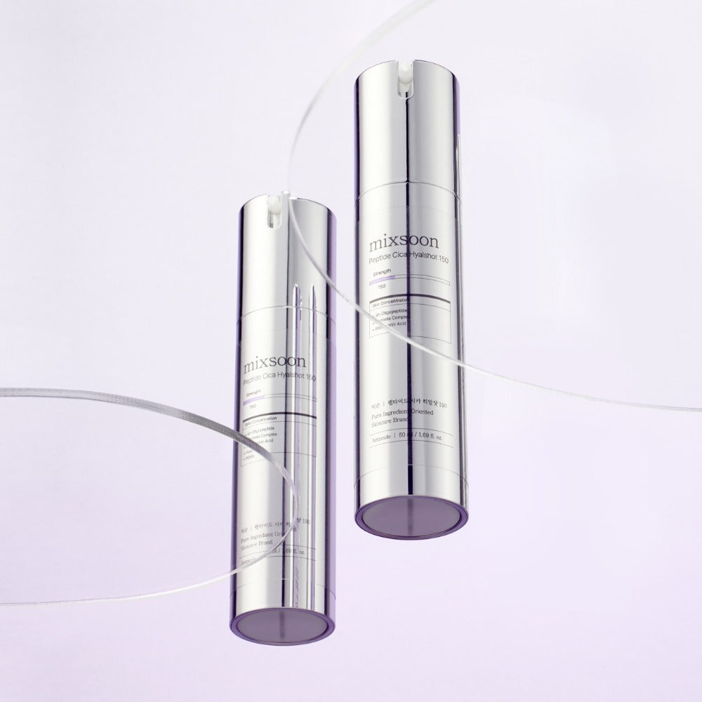 MIXSOON Peptide Cica Hyal Shot 150 50ml, bouteilles argentées sur fond blanc avec lignes décoratives