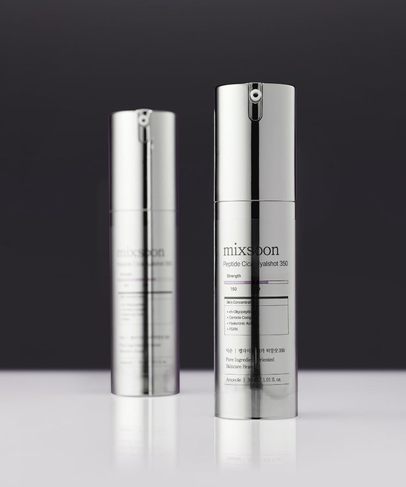 MIXSOON Peptide Cica Hyal Shot 350 30ml, flacons blanc argent sur fond sombre, style cosmétique studio.