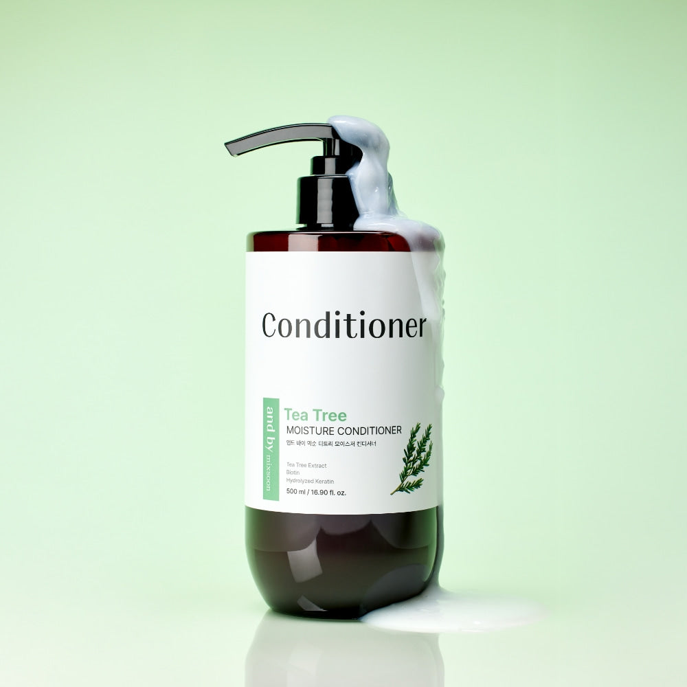 MIXSOON Tea Tree Moisture Conditioner 500ml de la marque MIXSOON, flacon pompe sur fond vert clair, look produit