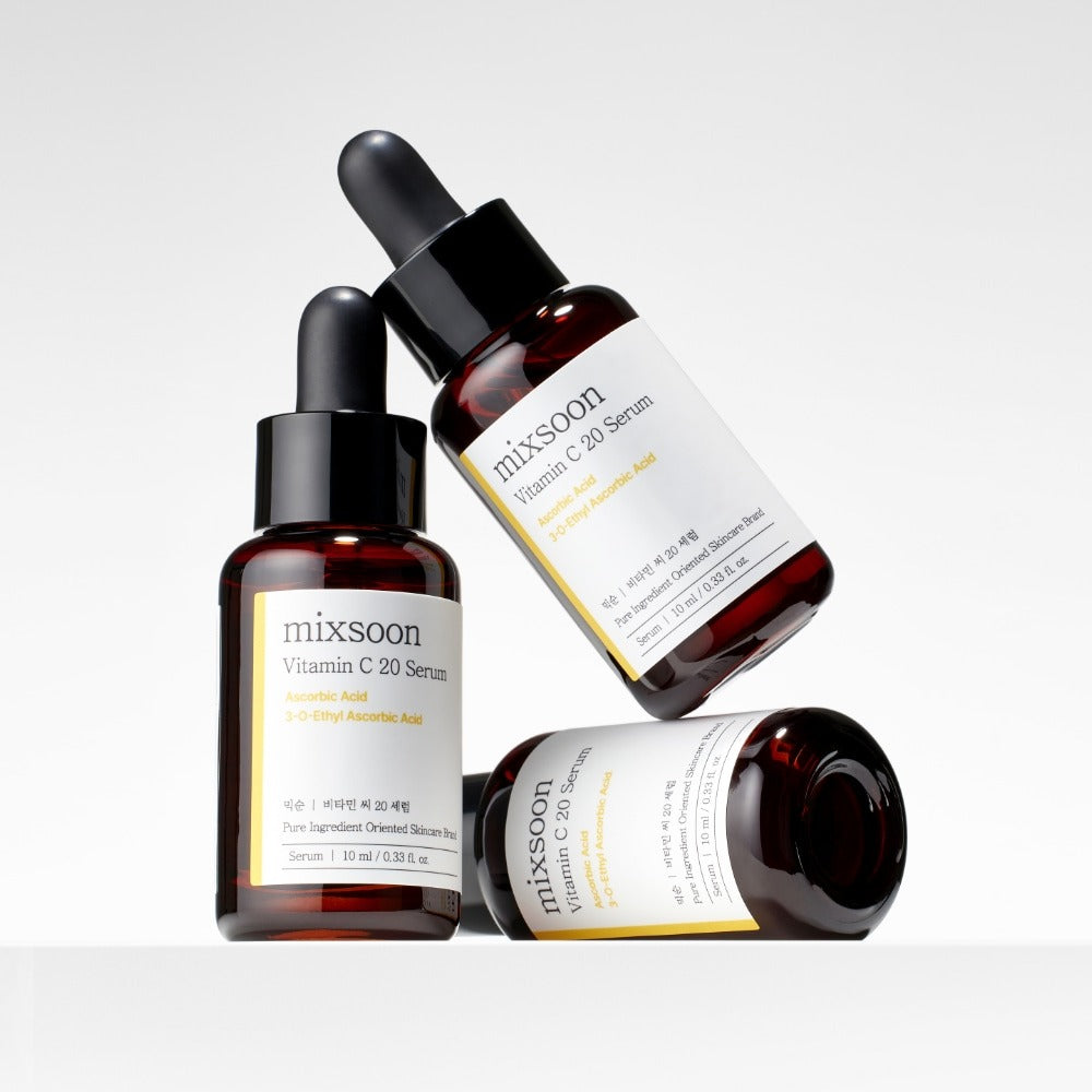 MIXSOON Vitamin C 20 Serum 10ml : sérum vitamine C sur fond clair, bouteilles ambre, marque MIXSOON