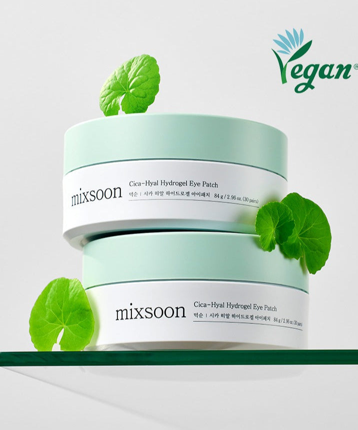 MIXSOON Cica Hyal Hydrogel Eye Patch 60 Sheets, soin des yeux hydratant et apaisant, image de deux boîtes, produit vegan.