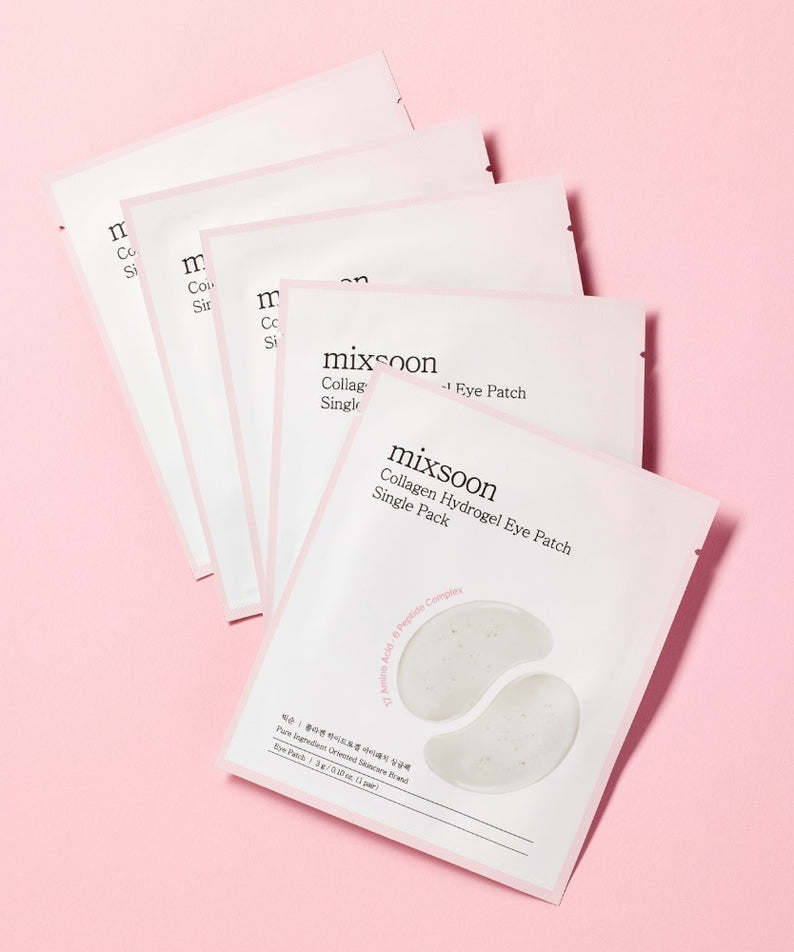 Pack de 5 MIXSOON Collagen Hydrogel Eye Patch Single Pack sur fond rose, soins des yeux efficaces pour une peau hydratée.