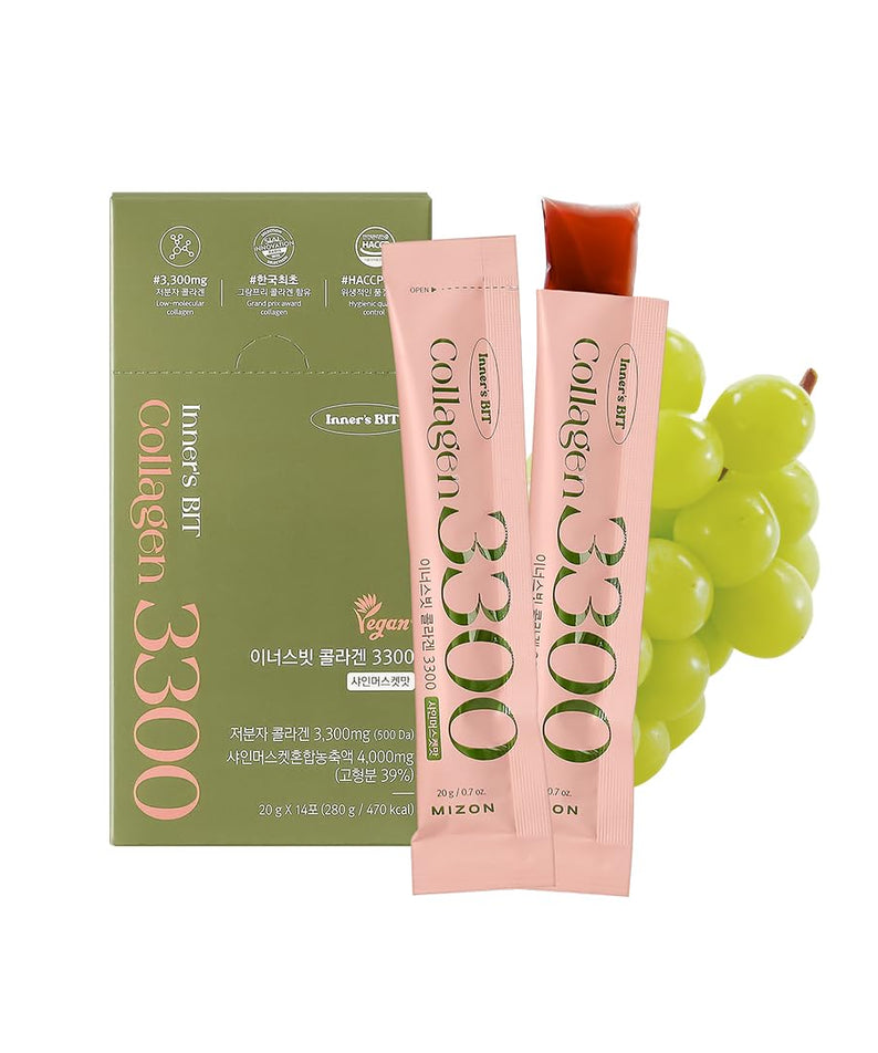 MIZON Jelly Skin 3300 - 14 Sticks de la marque MIZON, sticks jelly sur fond blanc avec sachets et gel.