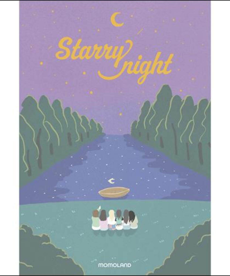 MOMO - [STARRY NIGHT] - Album Kpop : pochette étoilée violette, groupe dans le ciel, univers momoland.