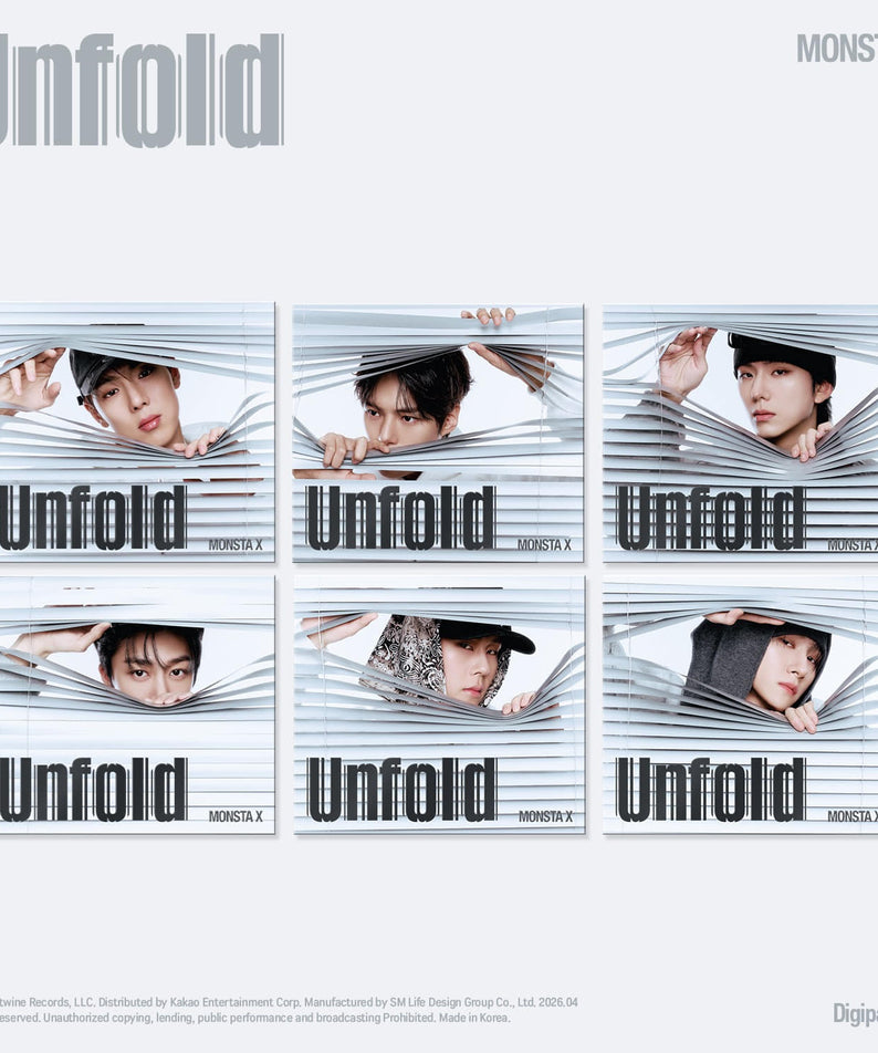 MONSTA X - [Unfold] (DIGIPACK VER.) (6 Random) - Album Kpop : digipack avec 6 photos du groupe, style Unfold rayé, fond clair.