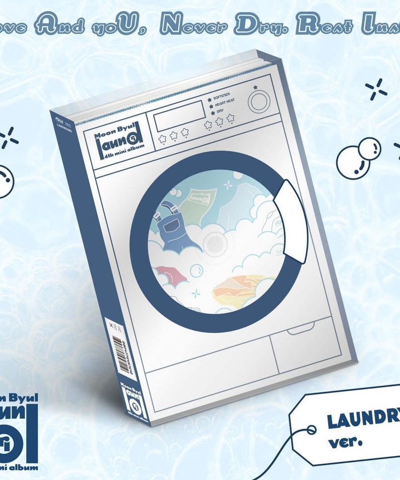 MOONBYUL - 4TH MINI ALBUM [laundri] (LAUNDRY ver.) - Album Kpop : cover bleu style lessive, packaging avec étiquette LAUNDRY ver.