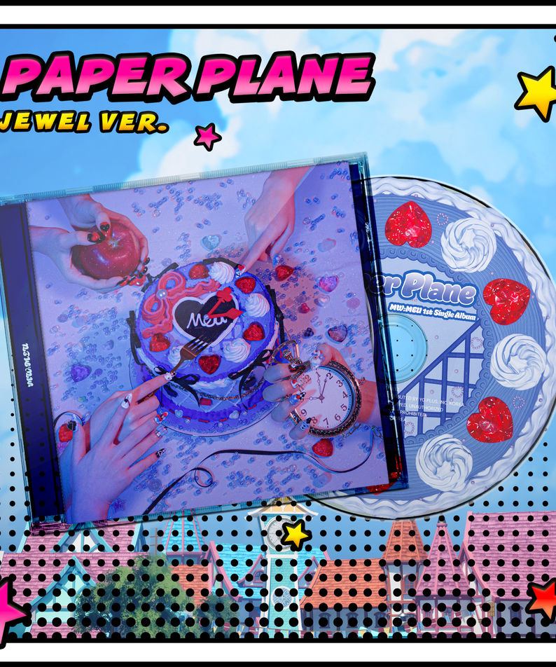MW:MEU - [Paper Plane] (Jewel Ver.) - Album Kpop : pochette colorée avec planche et ciel bleu, marque MW:MEU