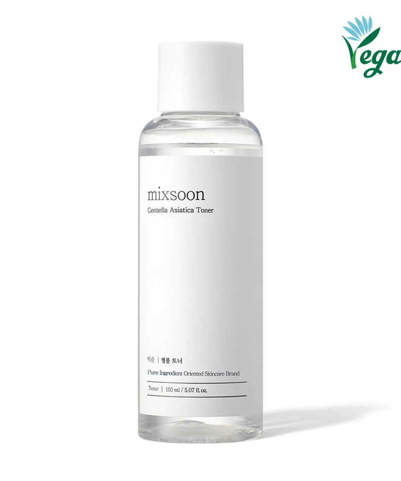Mixsoon Centella Asiatica Toner 150ml : bouteille blanche sur fond clair, produit skincare apaisant au centre
