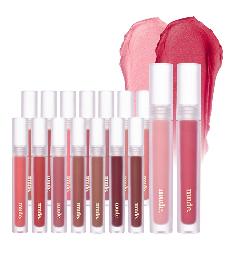 Mude Mood Soft Blur Tint, pack de gloss teinté sur fond blanc, couleurs rose et rouge, appliqué flouté en dégradé.
