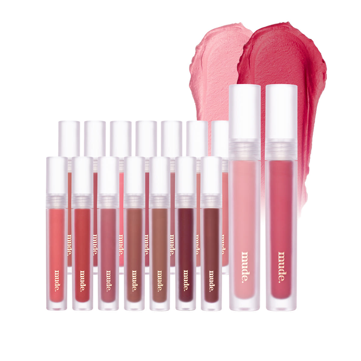 Mude Mood Soft Blur Tint, pack de gloss teinté sur fond blanc, couleurs rose et rouge, appliqué flouté en dégradé.