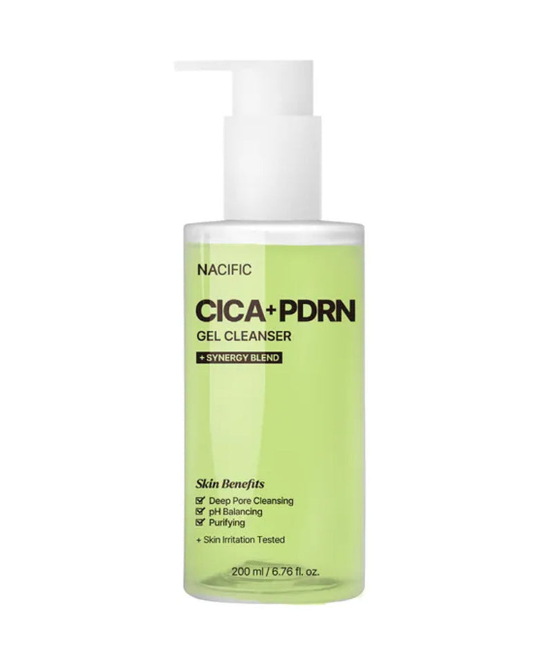NACIFIC Cica PDRN Gel Cleanser 200ml, flacon pompe vert sur fond blanc, produit visage anti-imperfections