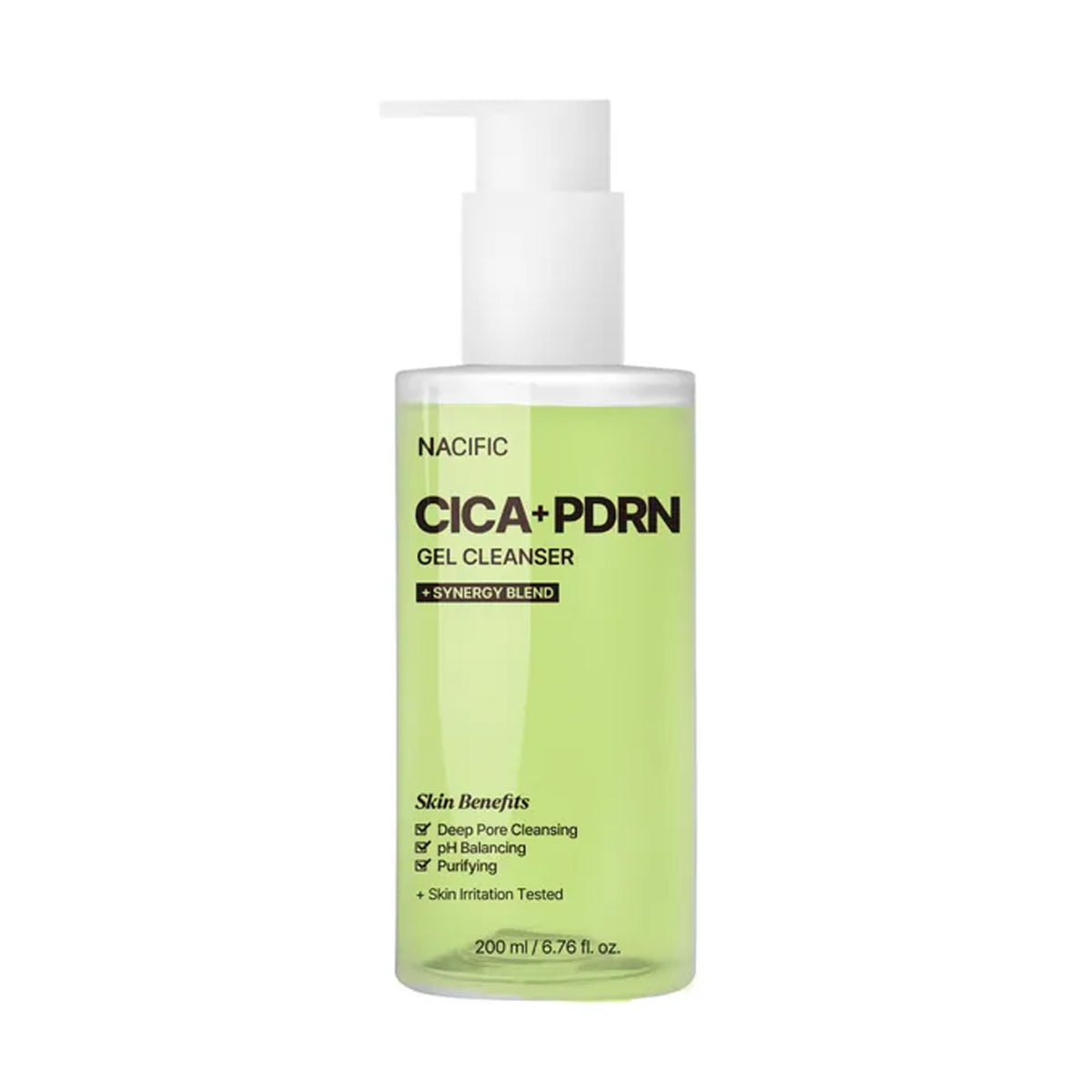 NACIFIC Cica PDRN Gel Cleanser 200ml, flacon pompe vert sur fond blanc, produit visage anti-imperfections