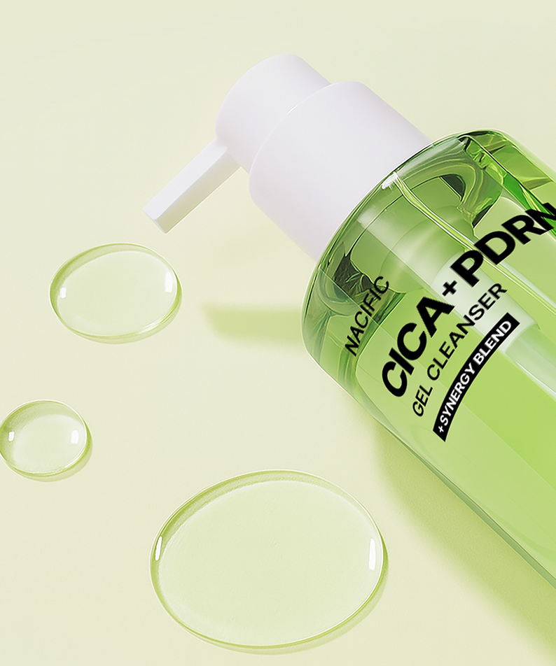 NACIFIC Cica PDRN Gel Cleanser 200ml de la marque NACIFIC, gel vert sur fond clair, flacon et gouttes, contexte visuel soin