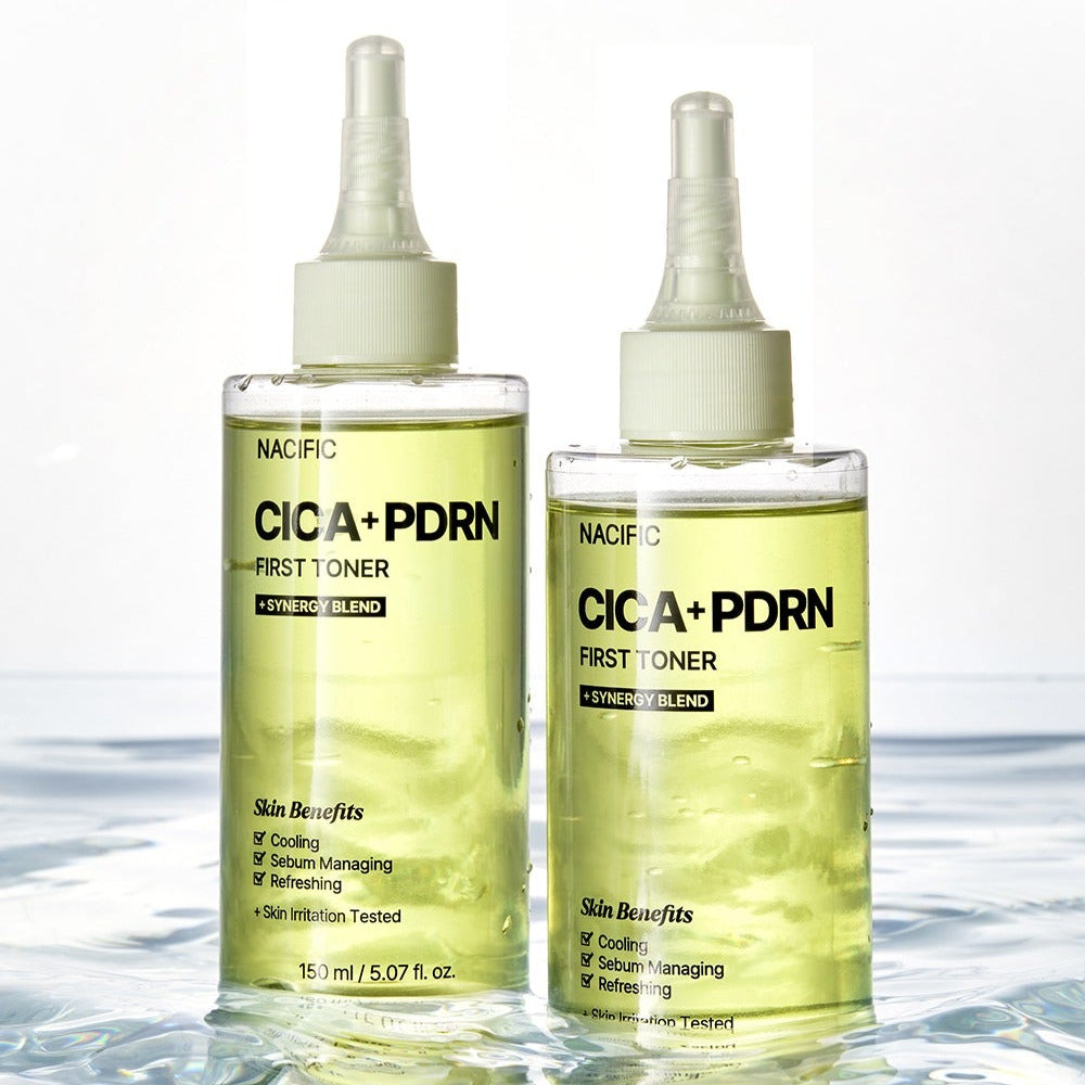 NACIFIC Fresh Cica PDRN First Toner 150ml, bouteilles sur fond clair, marque NACIFIC et CICA+PDRN visibles
