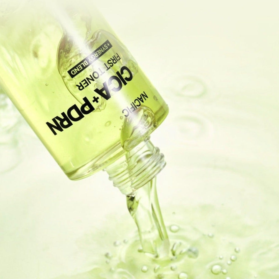 NACIFIC Fresh Cica PDRN First Toner 150ml, flacon de marque NACIFIC, texture de toner vert cica sur fond clair.
