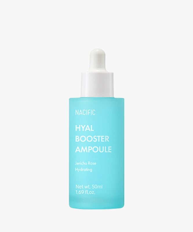 NACIFIC Hyal Booster Ampoule 50ml : flacon sérum hydratant bleu sur fond clair, présentation produit beauté.