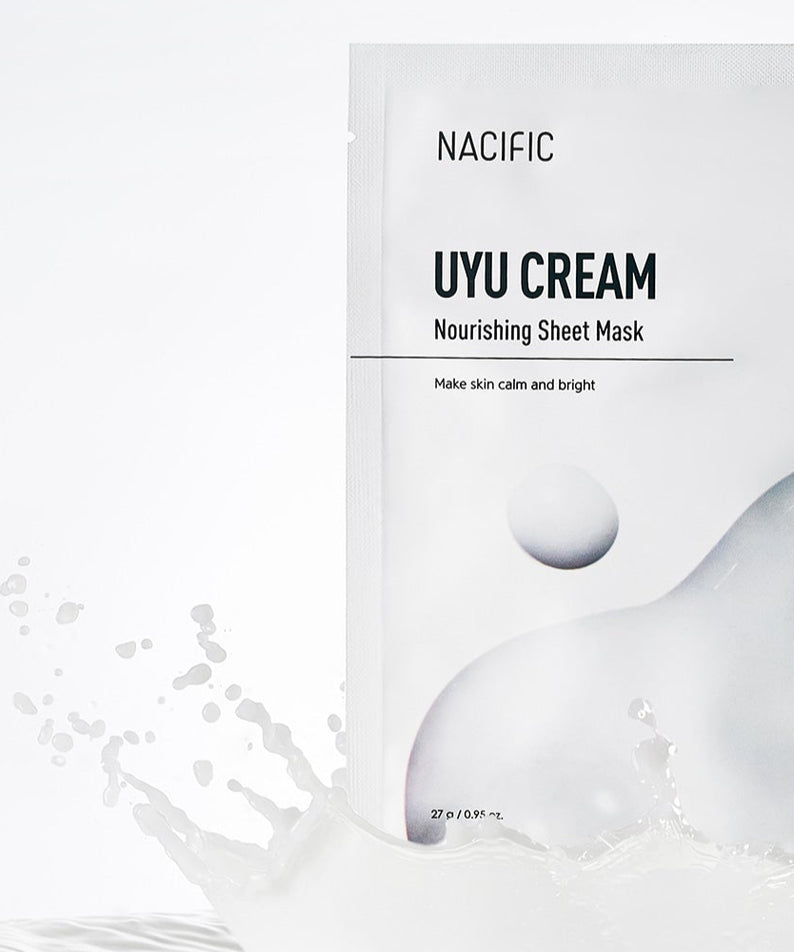 Image du produit NACIFIC Milk Cream Nourishing Mask Pack en français, montrant un emballage avec éclaboussures de lait en fond.