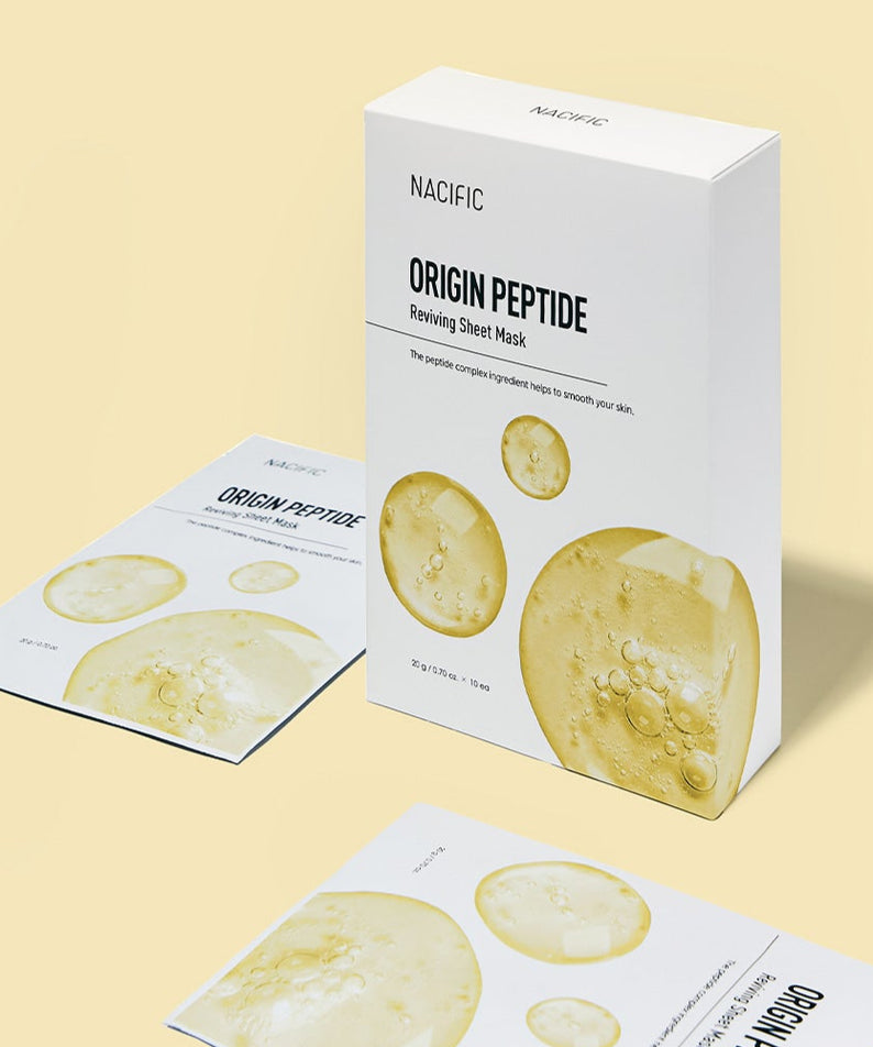 Emballage de NACIFIC Origin Peptide Reviving Mask Pack sur fond beige.