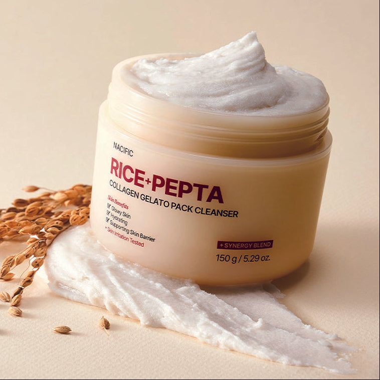 Décris l'image en français : NACIFIC Rice Gelato Pack Cleanser 150g, crème nettoyante avec texture, pot NACIFIC sur fond beige.