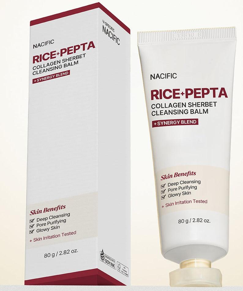 NACIFIC Rice Pepta Collagen Sherbet Cleansing Balm 80g : baume nettoyant en tube et étui, sur fond clair.