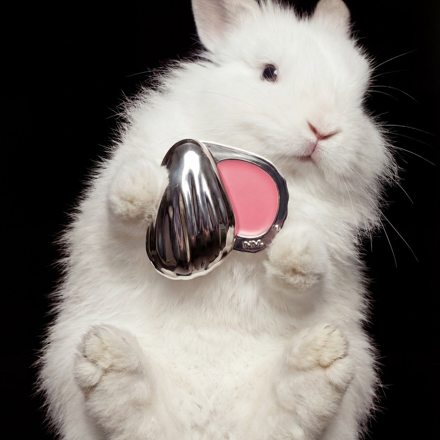 NAMING Blurry Cheek Balm 3g de la marque NAMING, flacon près d’un lapin blanc, fond noir, visuel promo.