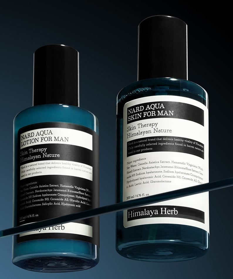 NARD  Aqua Skin Lotion 2 Pieces Set For  Men 200ml, flacons bleus sur fond sombre, brand NARD, ambiance spa.