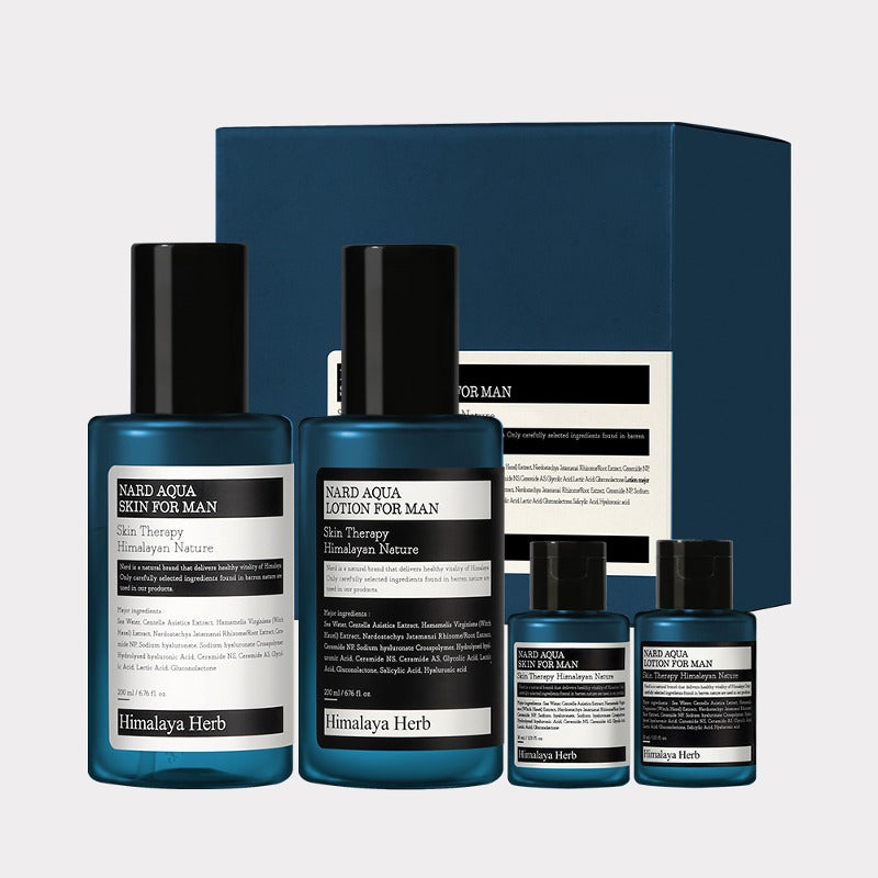 NARD  Aqua Skin Lotion 2 Pieces Set For  Men 200ml, coffret bleu avec bouteilles sur fond clair, vue produit marque NARD.