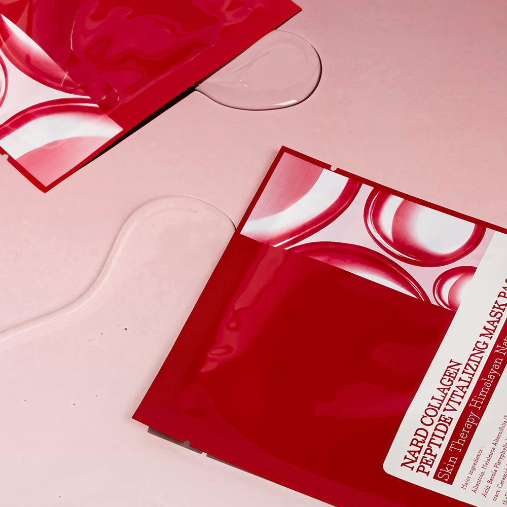 NARD Collagen Peptide Vitality Mask Pack 23ml 30 sheets, masques en feuilles sur fond rose, coffret rouge NARD.