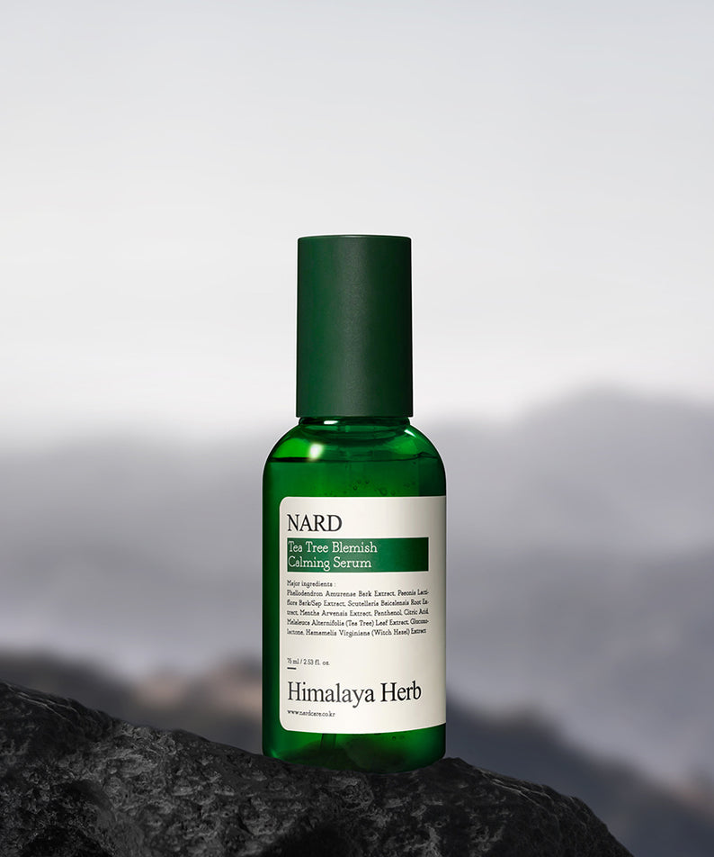 Photo produit NARD Tea Tree Blemish Soothing Serum 75ml de la marque NARD, sur roche devant montagnes, style naturel