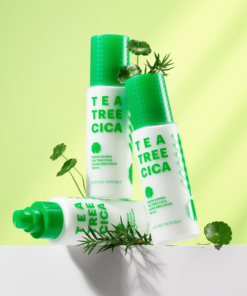 NATURE REPUBLIC Green Derma Tea Tree Cica Clear Emulsion 130ml, émulsion apaisante à l'arbre à thé pour une peau claire.