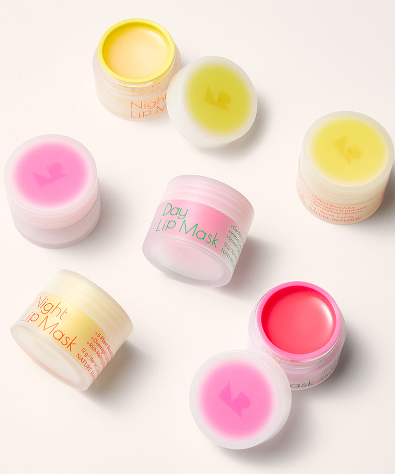 NATURE REPUBLIC Natural Made Lip Mask, pots ouverts sur fond clair, marque et contexte visuel en photo produit.