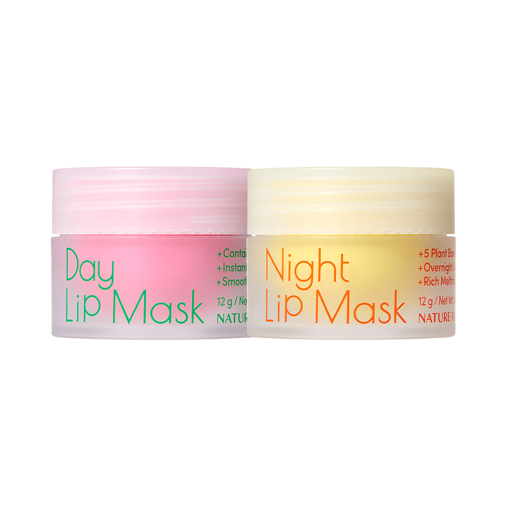 NATURE REPUBLIC Natural Made Lip Mask, pots Day et Night sur fond blanc, marque et masque pour lèvres en visuel.