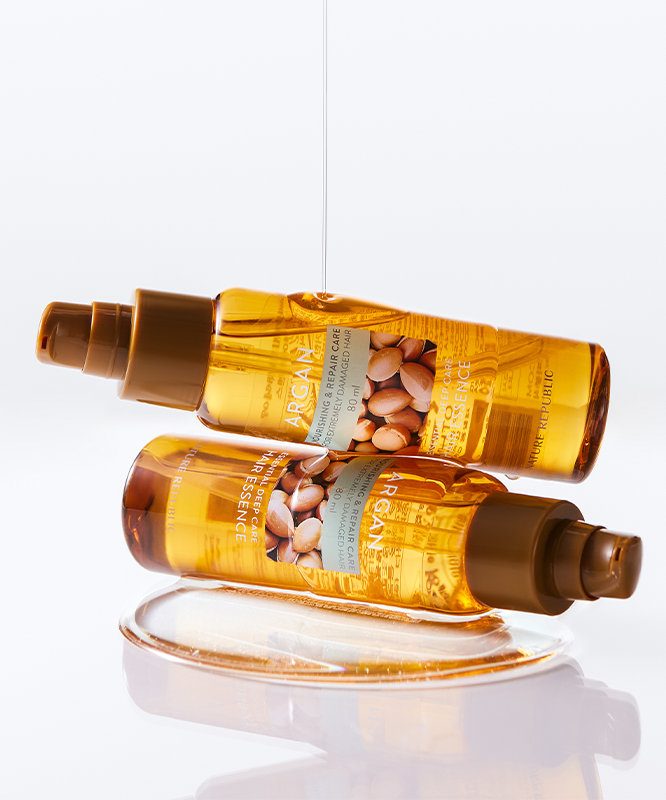 Flacons de NATURE REPUBLIC Essential Deep Care Hair Essence 80ml sur fond blanc