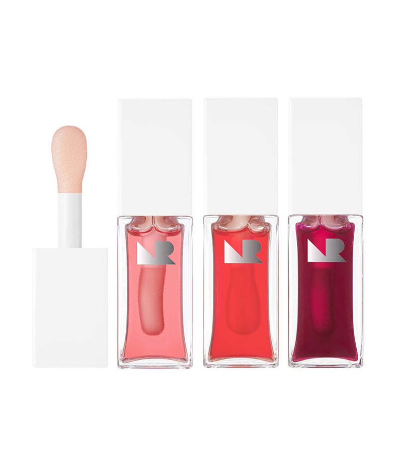 Collection de NATURE REPUBLIC Glaze Shine Lip Oil avec applicateur et trois teintes vibrantes.