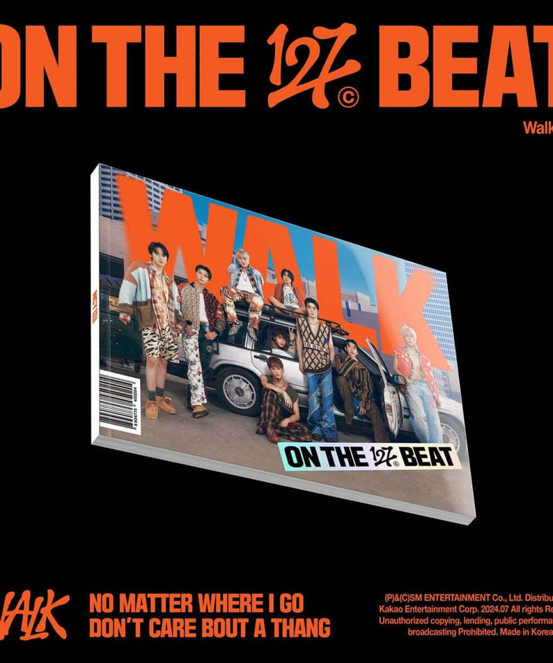 NCT 127 - 6th Album [WALK] (Walk Ver.) - Album Kpop, pochette « ON THE 12 BEAT » noire orange, photo groupe