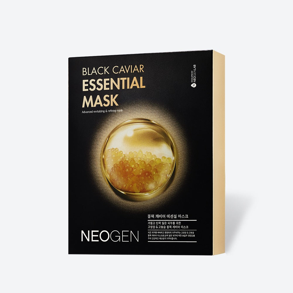 NEOGEN Black Cavier Essentail Mask 10 Sheets, boîte de masque visage Black Caviar NEOGEN sur fond blanc